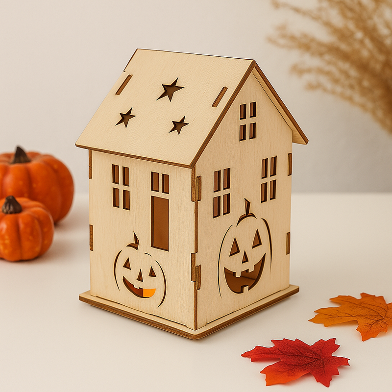 DIY Wooden Halloween House Kit – Unpainted Laser-Cut Pumpkin Craft for Hobby Kits & Decor