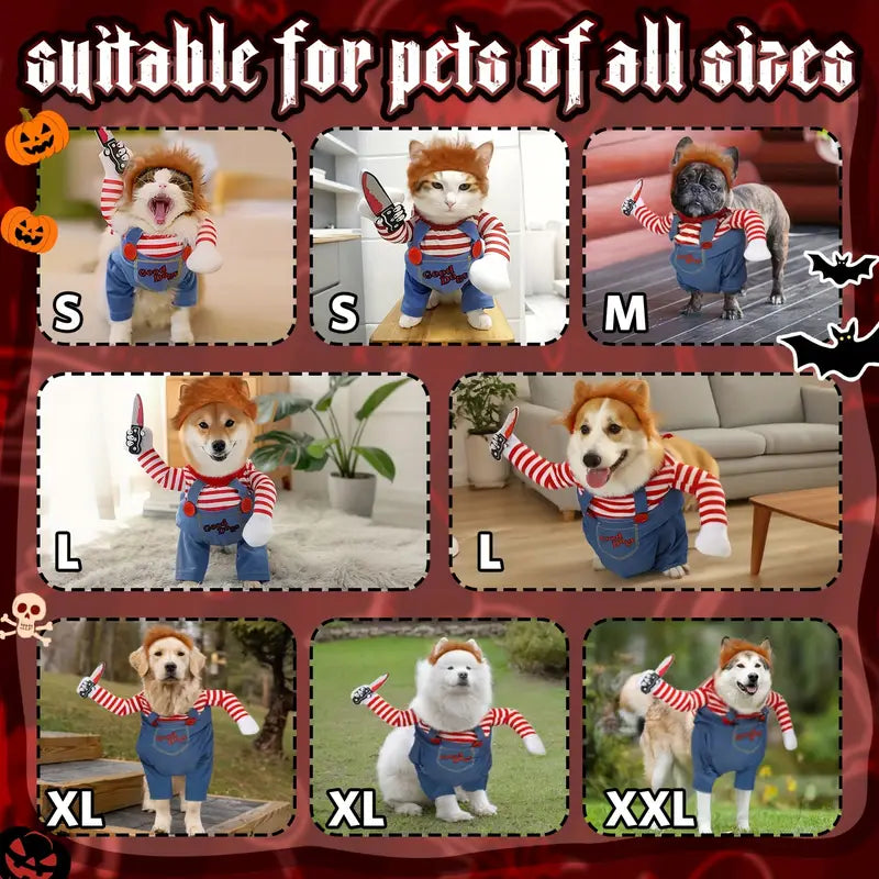Halloween Dog Costume – Chucky Style Scary Pet Outfit with Wig & Knife Doll