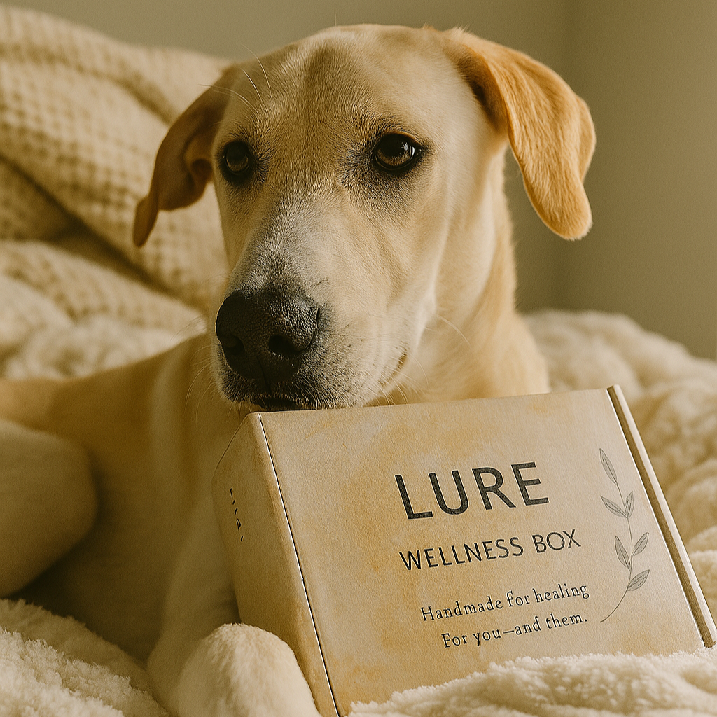 Dog lying on a soft surface with a 'LURE Wellness Box' in front of it.