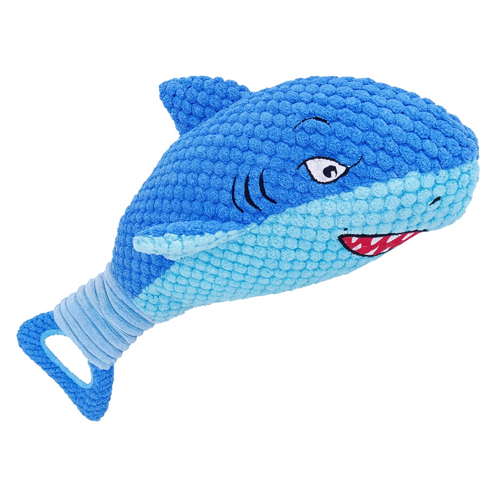 Blue shark-shaped plush toy on a white background
