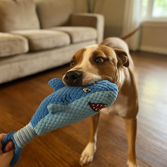 Dog playing with a blue shark toy indoors