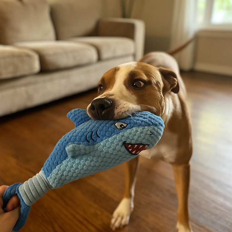 Dog playing with a blue shark toy indoors