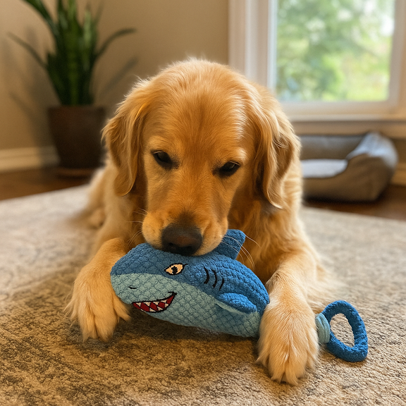 Dog playing with a blue shark toy on a carpeted floor.