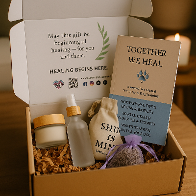Gift box with self-care items including a candle, bottle, and card on a wooden surface.