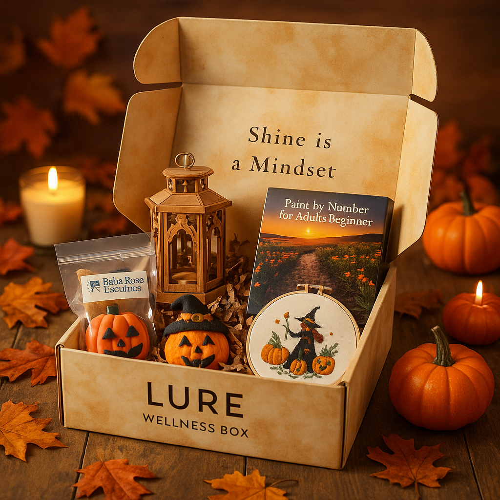 LURE Wellness Box with Halloween-themed items on a wooden surface with pumpkins and leaves.