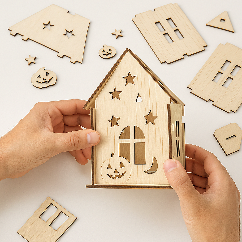 DIY Wooden Halloween House Kit – Unpainted Laser-Cut Pumpkin Craft for Hobby Kits & Decor