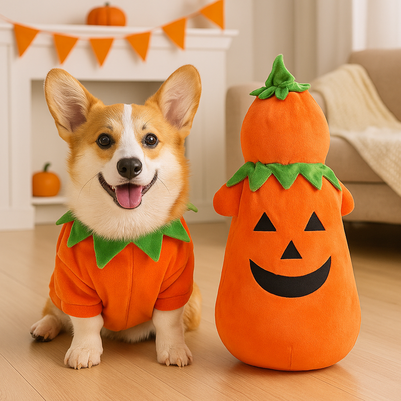 Halloween Dog Costume – Orange Pumpkin Outfit with Leaf Hat (S/M/L)