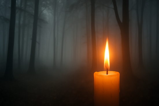 candlelight + orange glow + misty woods